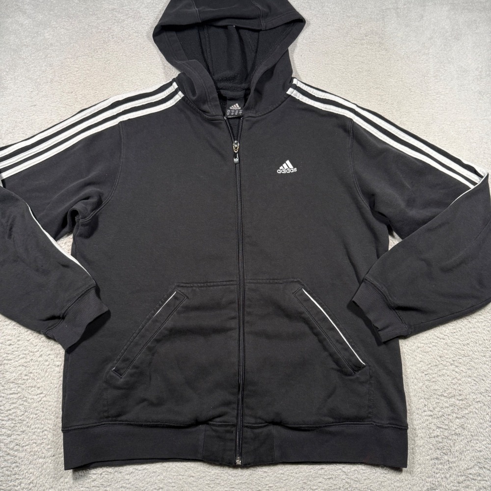 Vintage Y2K Adidas Full Zip Hoodie Sweatshirt L Black 3 Stripe Streetwear